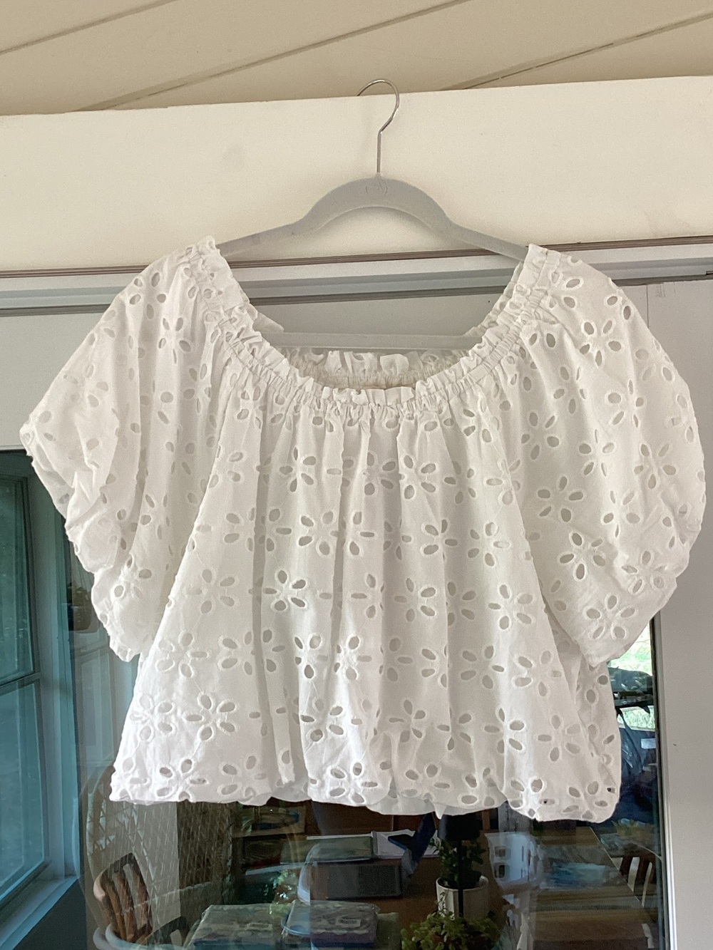 White Eyelet Off-Shoulder Peasant Blouse